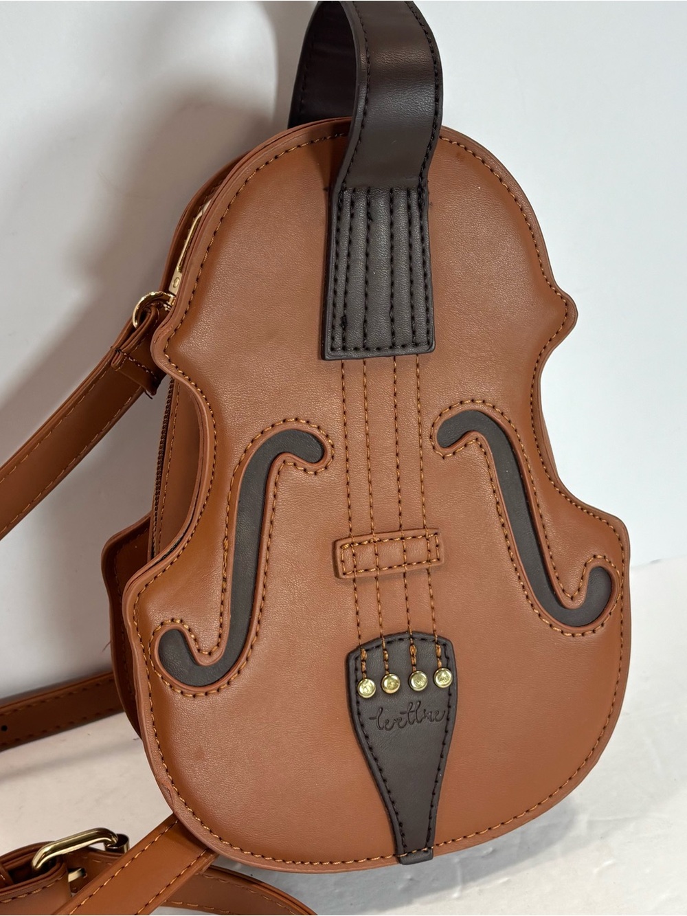 Violin Shaped Brown Faux Leather Crossbody Bag Backpack Boho Music EUC